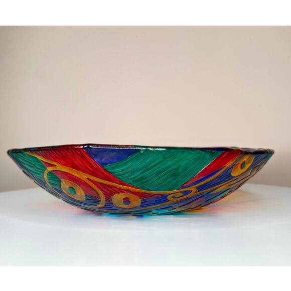 VTG Postmodern Gustav Klimt Inspired Hand Painted Art Glass Abstract Bowl - Picture 4 of 7